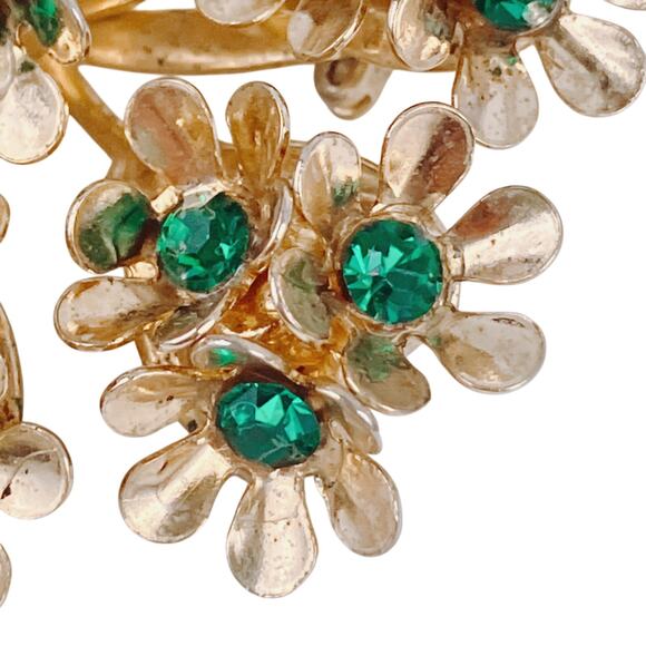 Vintage Signed Coro 1950s Brooch Green Rhinestone Floral Gold Tone Pin Sparkly - Picture 4 of 11